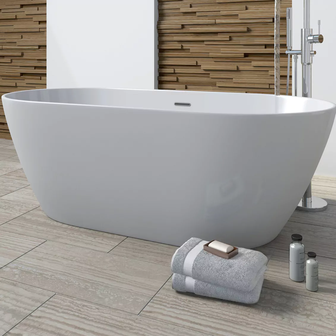 Tissino Angelo Acrylic Freestanding Bath, White 1500x750mm close up of bathtub, in a bathroom interior space