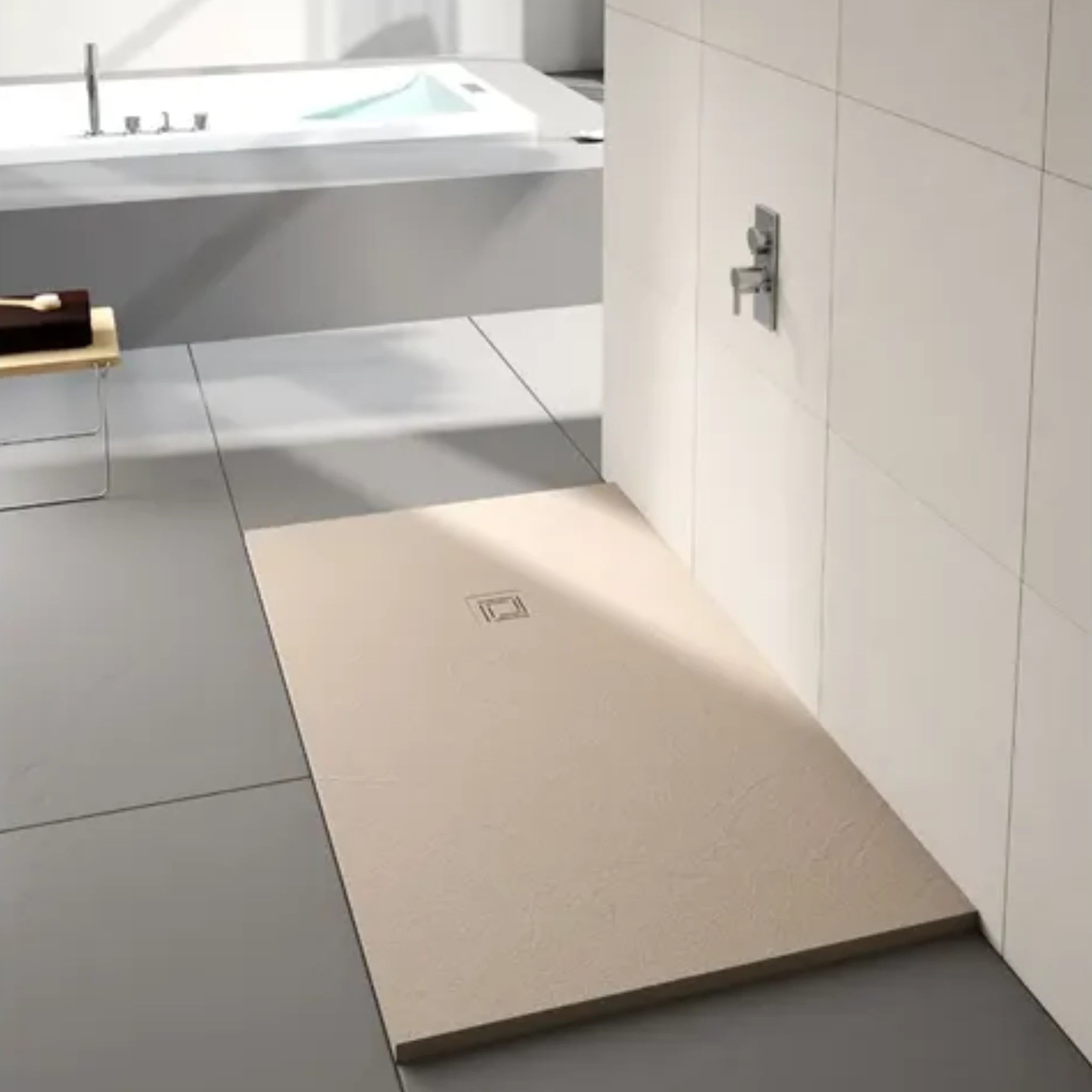 truestone rectangular shower tray sandstone, lifestyle image