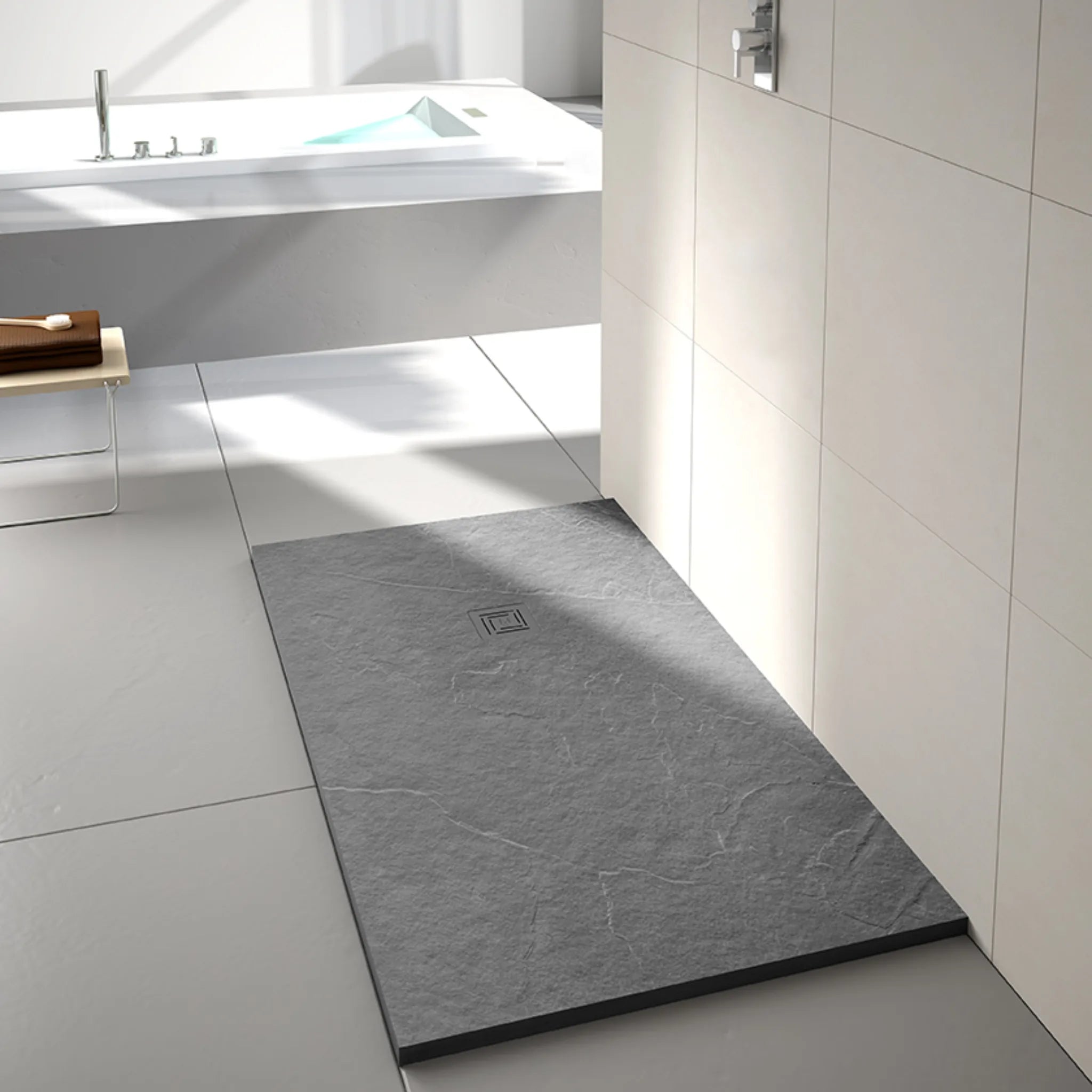 truestone rectangular shower tray fossil grey, lifestyle image