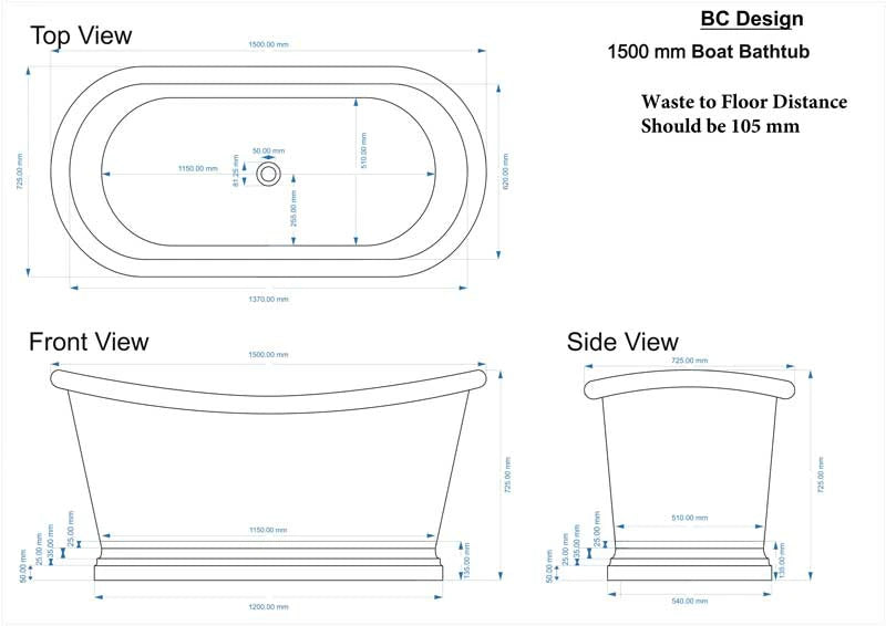 BC Designs Copper Nickel Roll Top Boat Bath 1500x725mm technical specification drawing