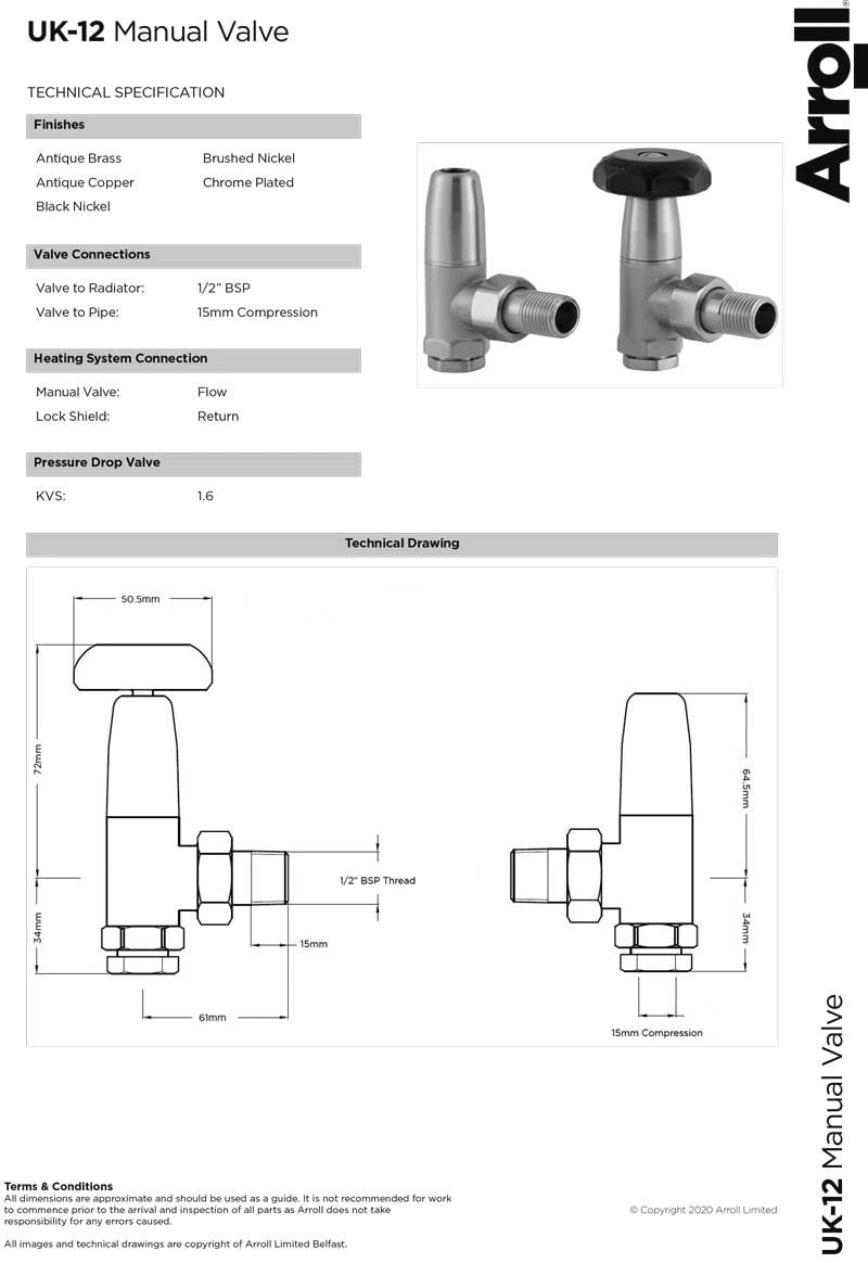 Arroll UK12 Manual Angled Radiator Valve, Bakelite Wheel Head technical data sheet