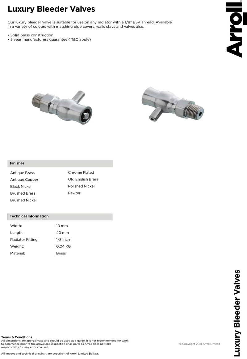 Arroll Luxury Radiator Bleeder Valve Air Vent 1/8" BSP, Various Finishes data sheet