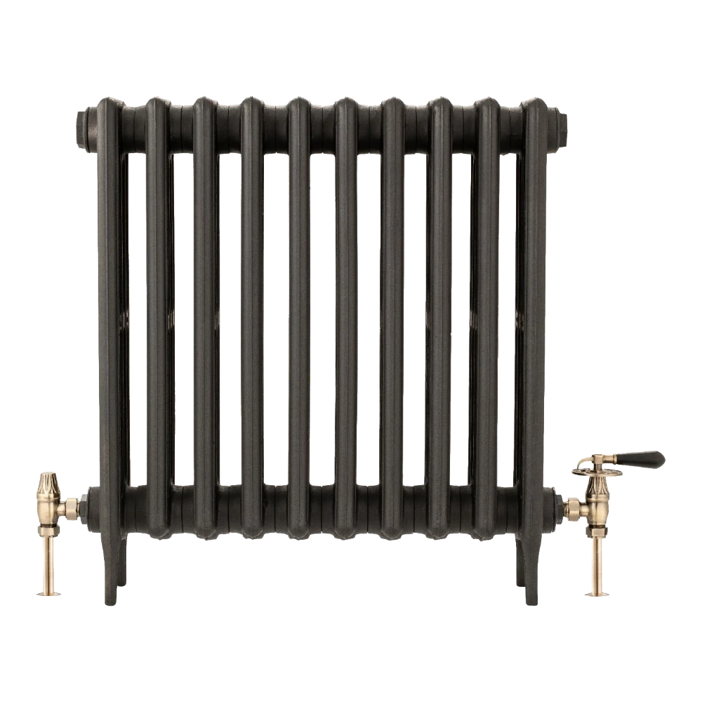 Arroll Cast Iron Black Radiator with UK14 angled manual Radiator Valve set with real wood throttle handle in finish brushed brass