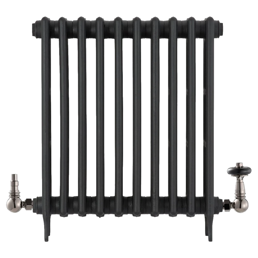 Arroll Cast Iron Black Radiator with UK15 Radiator Valve with wheel head and feauring chimney design in finish black nickel