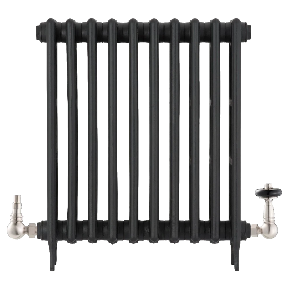 Arroll Cast Iron Black Radiator with UK15 Radiator Valve with wheel head and feauring chimney design in finish brushed nickel