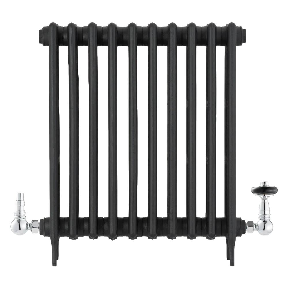 Arroll Cast Iron Black Radiator with UK15 Radiator Valve with wheel head and feauring chimney design in finish chrome