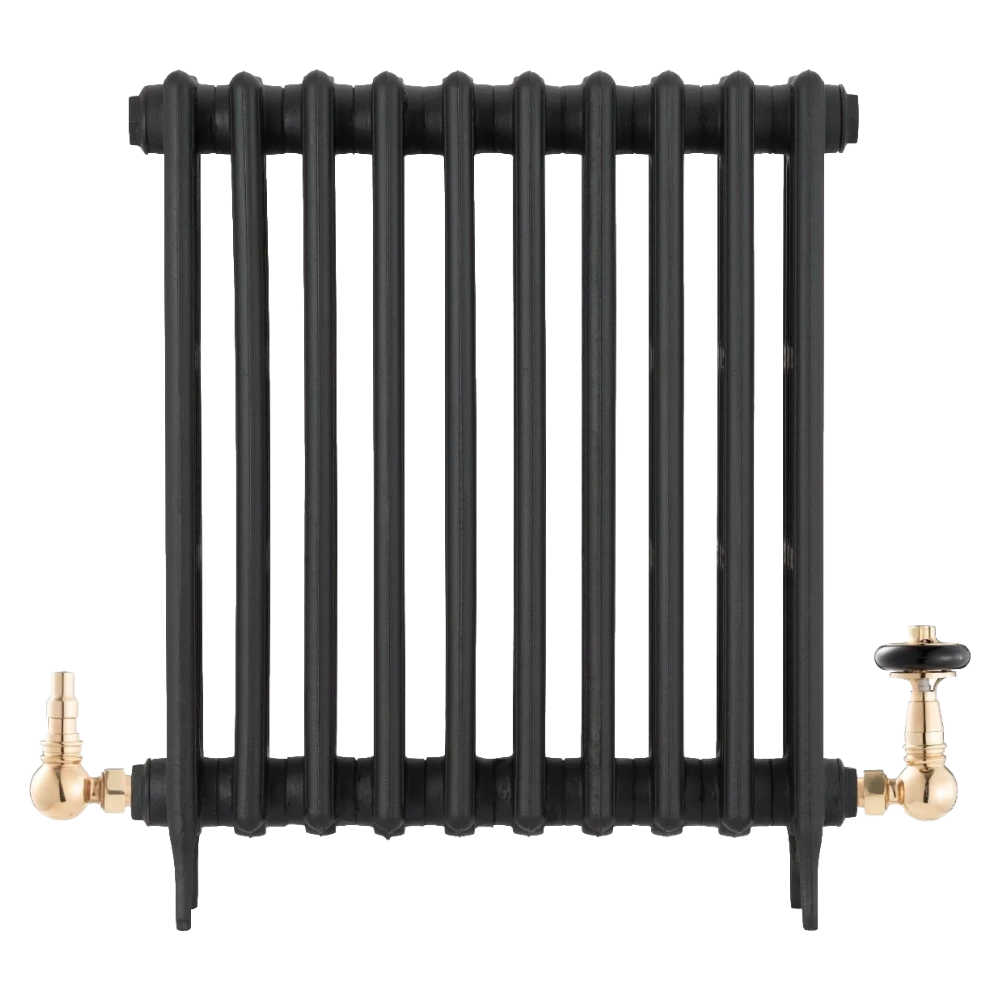Arroll Cast Iron Black Radiator with UK15 Radiator Valve with wheel head and feauring chimney design in finish old english brass