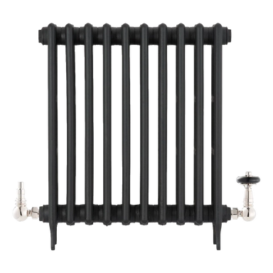 Arroll Cast Iron Black Radiator with UK15 Radiator Valve with wheel head and feauring chimney design in colour polished nickel