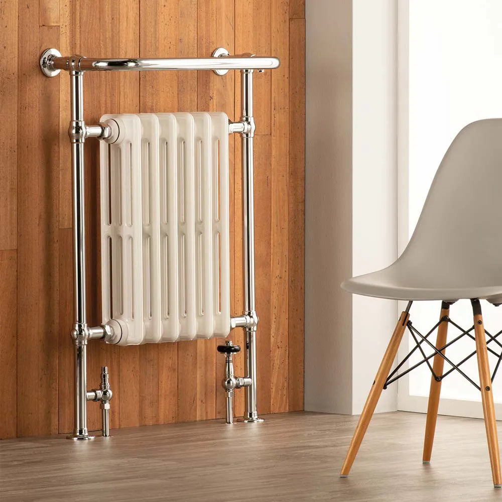 heated towel radiator painted white with chrome rail outer modern influence  