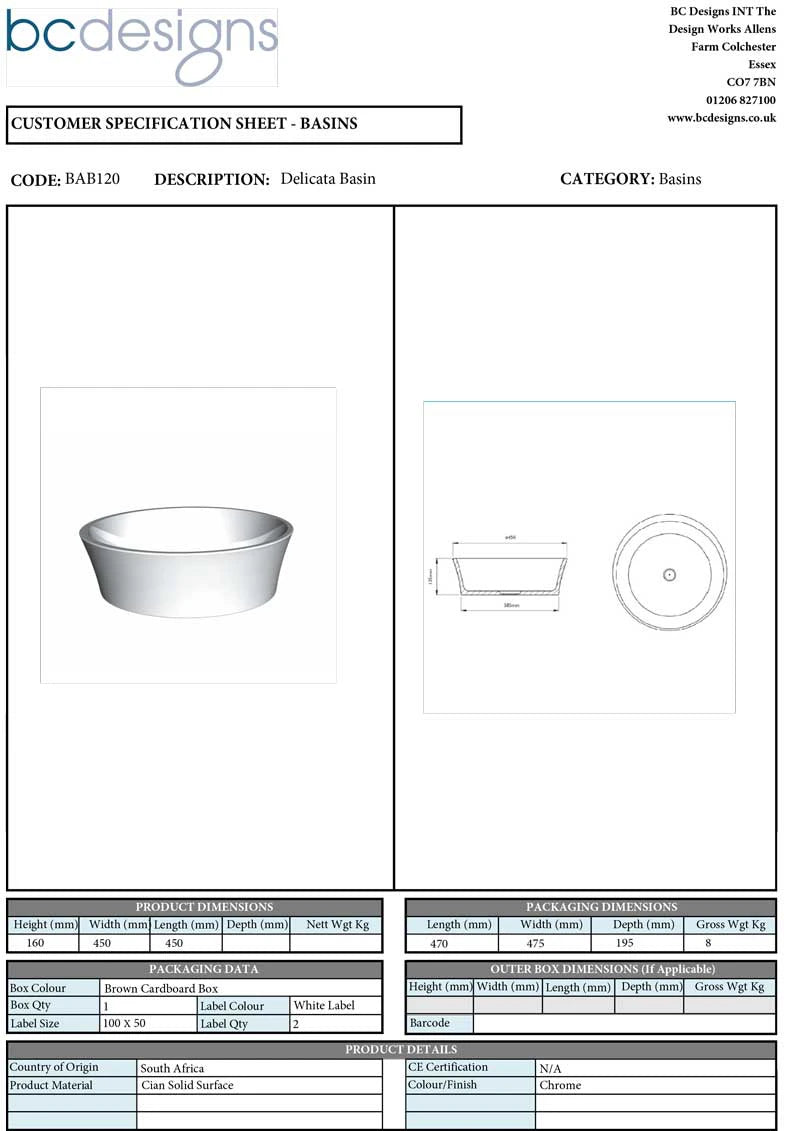 BC Designs Delicata Cian Bathroom Wash Basin, 550x400mm technical sheet