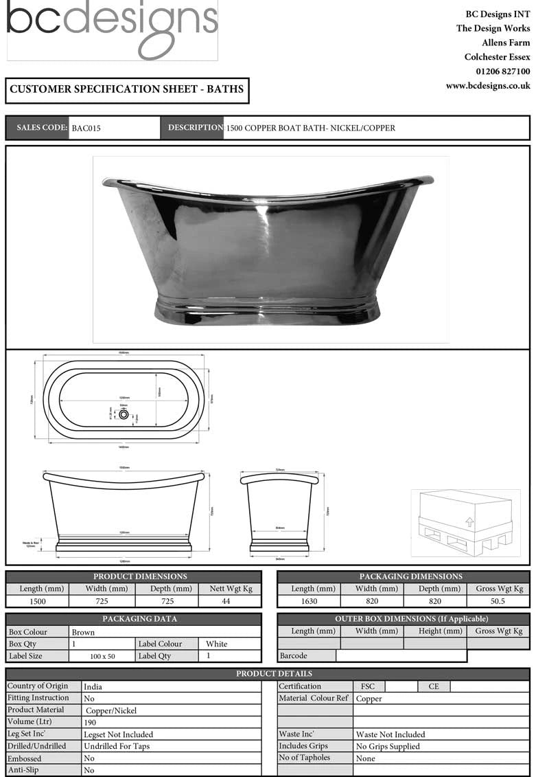 BC Designs Copper Nickel Roll Top Boat Bath 1500x725mm data sheet