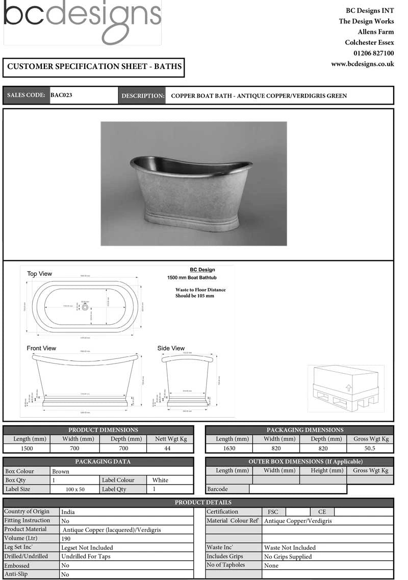 BC Designs Verdigris Green Antique Copper Bath, Roll Top Bathtub, 1500x725mm technical data