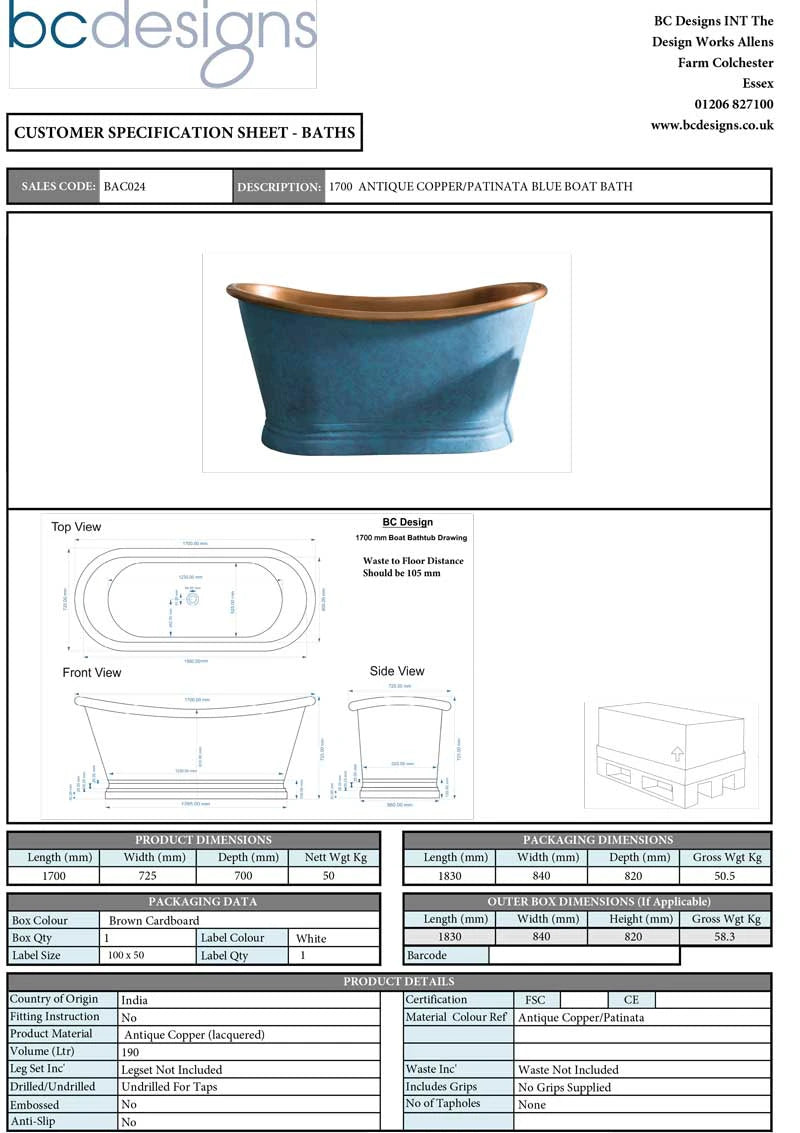 BC Designs Blue Patinata Antique Copper Bath, Roll Top Bathtub 1700x725mm data sheet