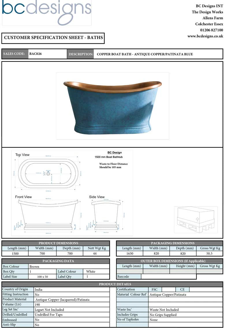 BC Designs Blue Patinata Antique Copper Bath, Roll Top Bathtub 1500x725mm data sheet