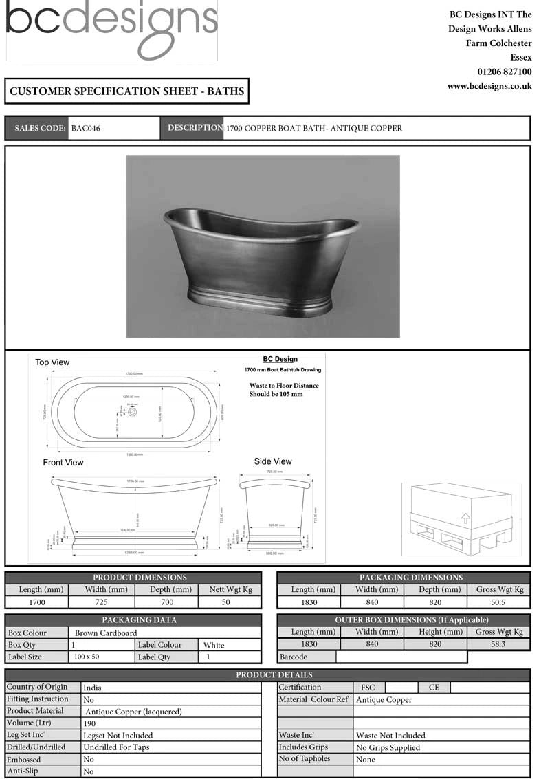BC Designs Antique Copper Roll Top, Bespoke Painted, Boat Bath 1700x725mm data sheet