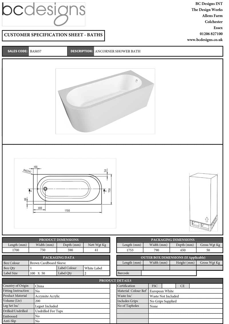 BC Designs Ancorner Acrylic Shower Bath, Back To Wall Bathtub 1700mm x 750mm data sheet right