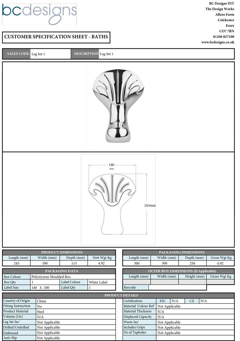BC Designs Fordham Acrylic Freestanding Bath feet style one, data sheet