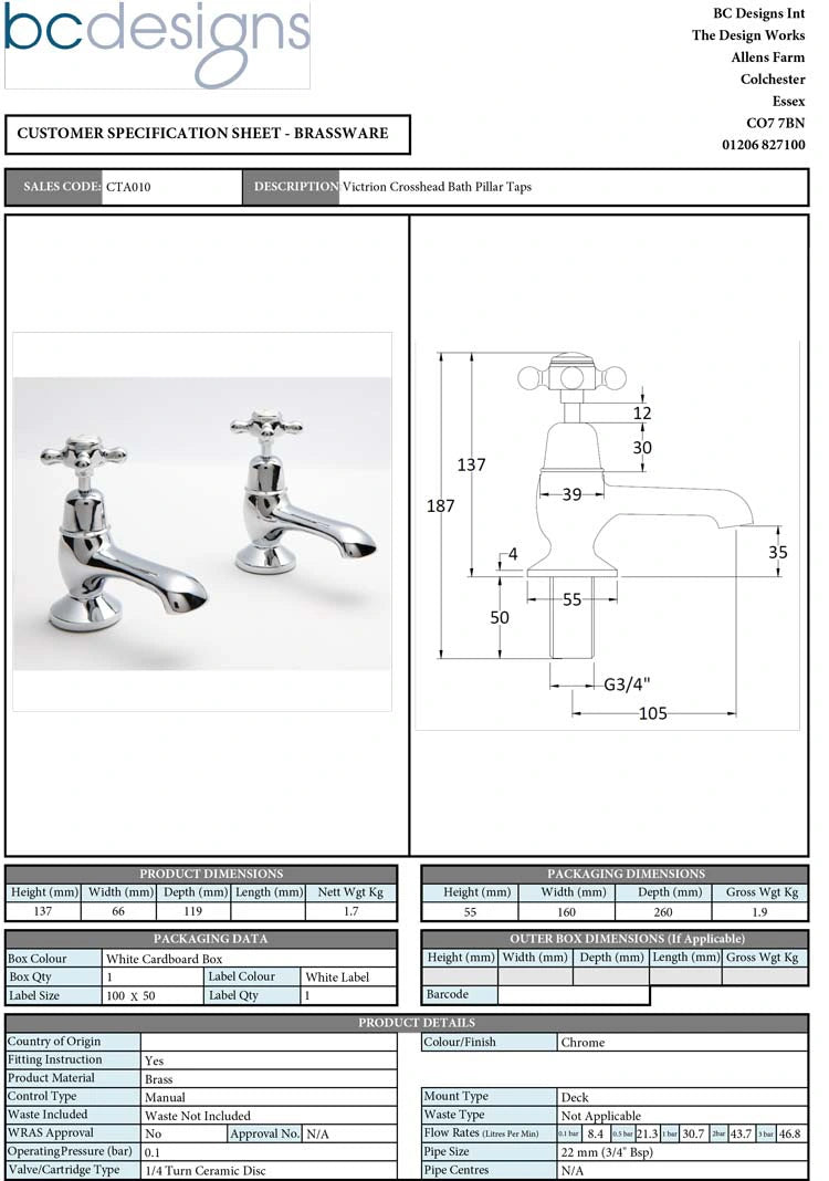 BC Designs Victrion Crosshead Pillar Bath Taps technical specification drawing