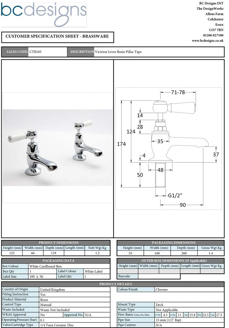 BC Designs Victrion Lever Bathroom Basin Pillar Taps, 1/4 Turn Ceramic Discs technical drawing