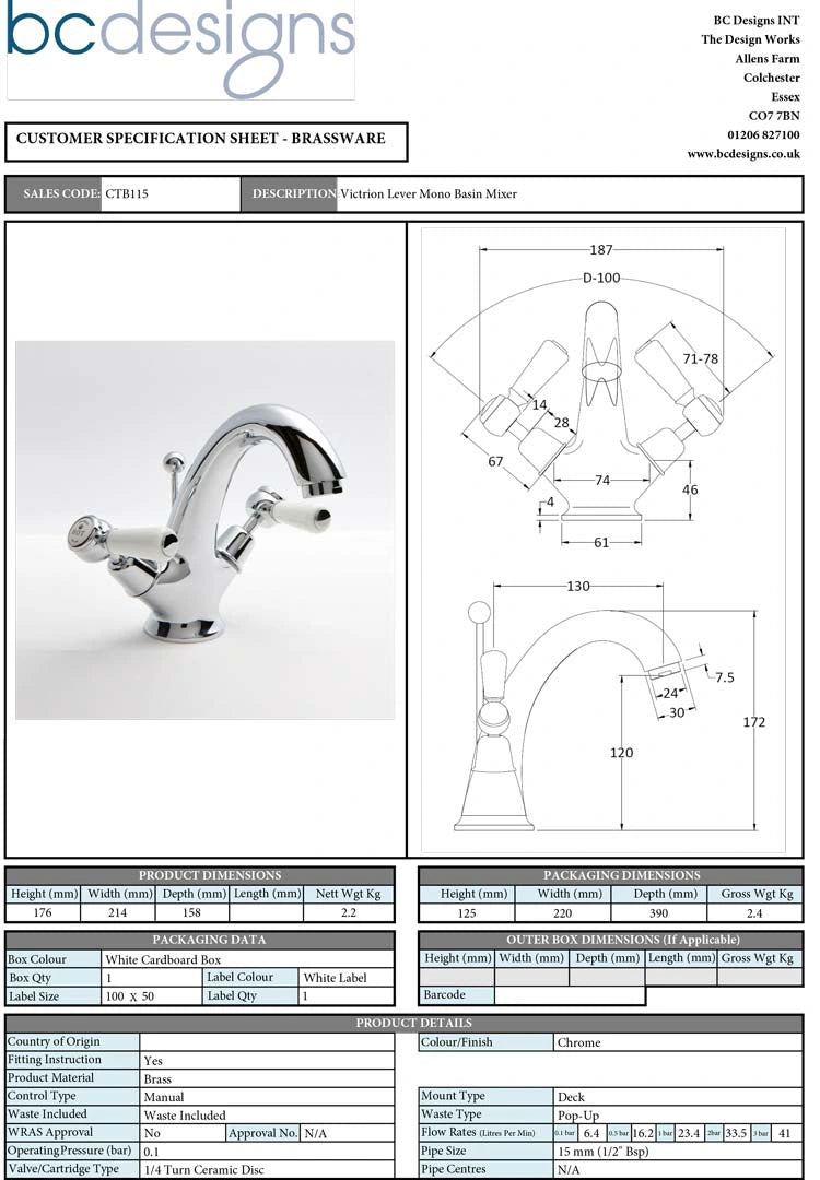 BC Designs Victrion Lever Mono Bathroom Basin Mixer Tap, 1/4 Turn Ceramic Discs technical specification