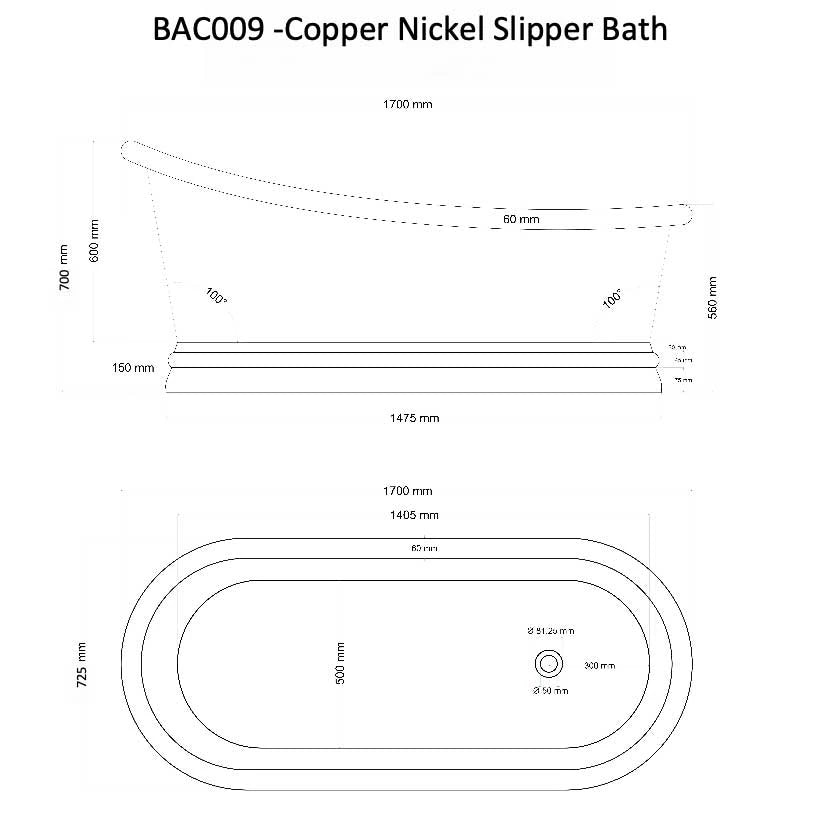 BC Designs Copper-Nickel Slipper Bath Roll Top Bathtub 1700x725mm spec