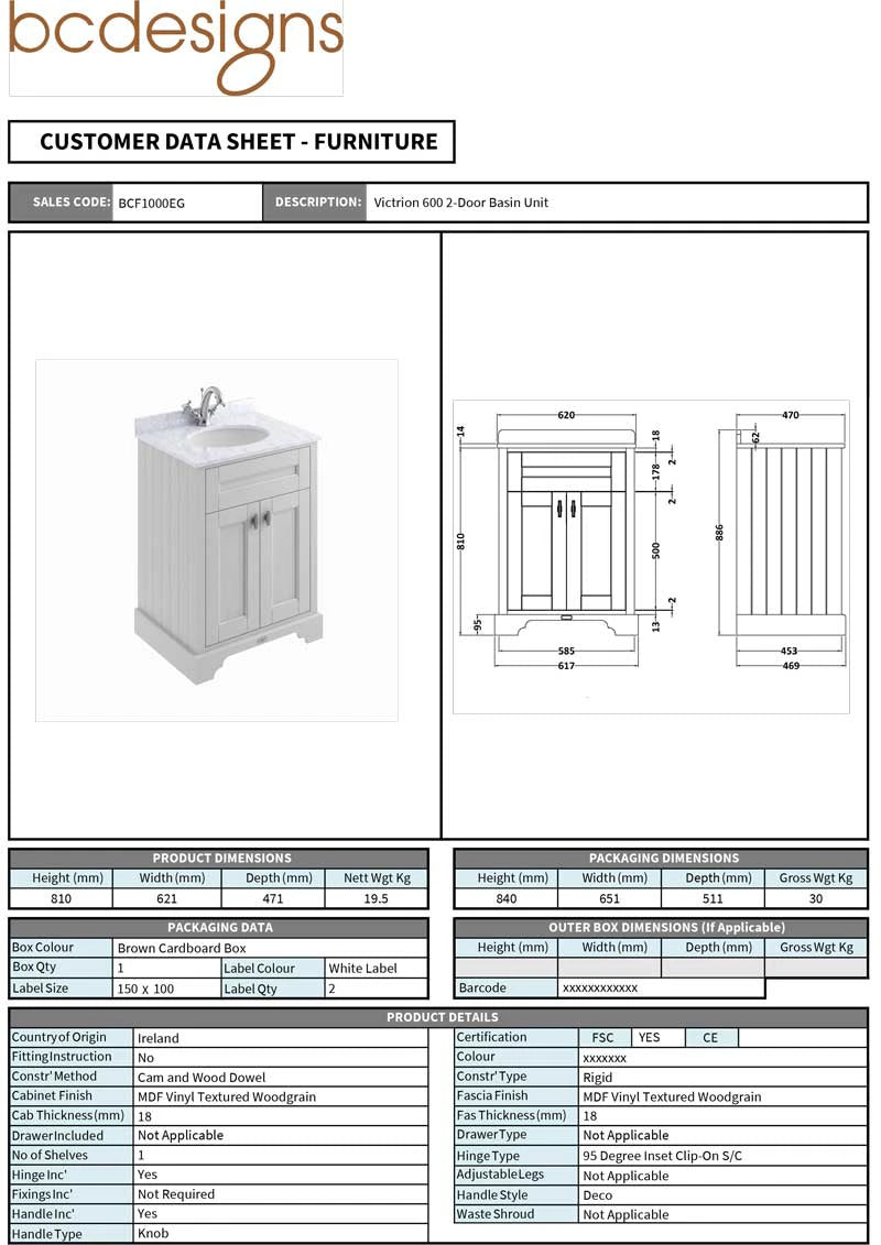 BC Designs Victrion 2-Door Bathroom Vanity Unit & Marble Basin, Earl's Grey, 620mm data sheet