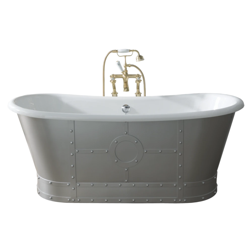 BC Designs Industrial Boat Bath, Acrylic Roll Top With Rivet Outer & Painted Finish 1730mm x 690mm in metallic silver