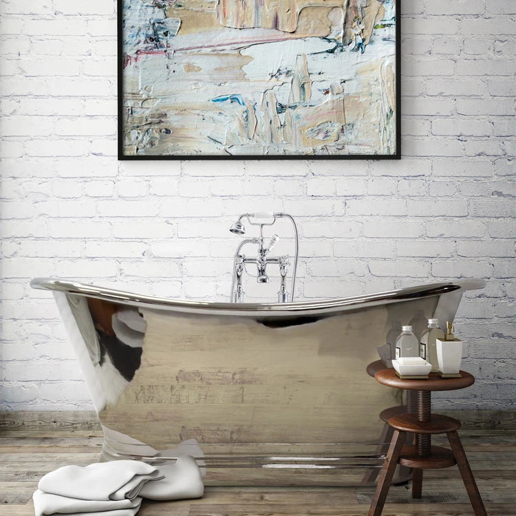 BC Designs Nickel Boat Bath, Roll Top Bathtub 1700mm x 725mm within luxury bathroom with white brick wall