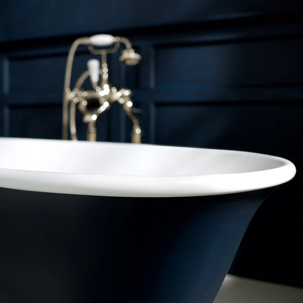 BC Designs Omnia Cian Freestanding Bath, Double Ended Bathtub, Bespoke Painted 1615x760mm BAB078 in dark blue colour showing roll top design