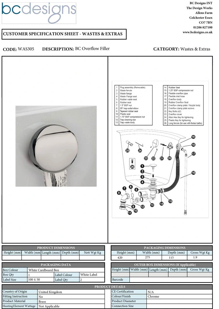 BC Designs Overflow Bath Filler With Low Level Bath Trap & Feed Pipe technical drawing