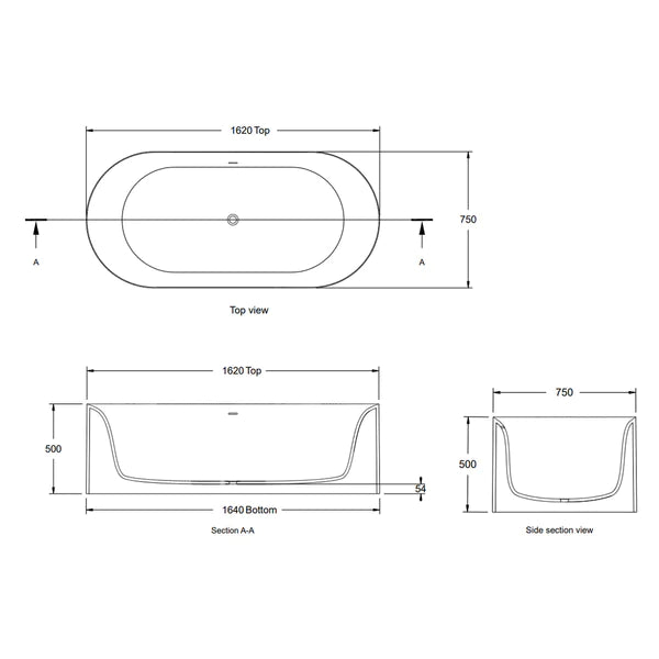 BC Designs Portman Cian Freestanding Bath White & Colourkast Finishes 1640mm x 750mm BAB051 dimension drawing