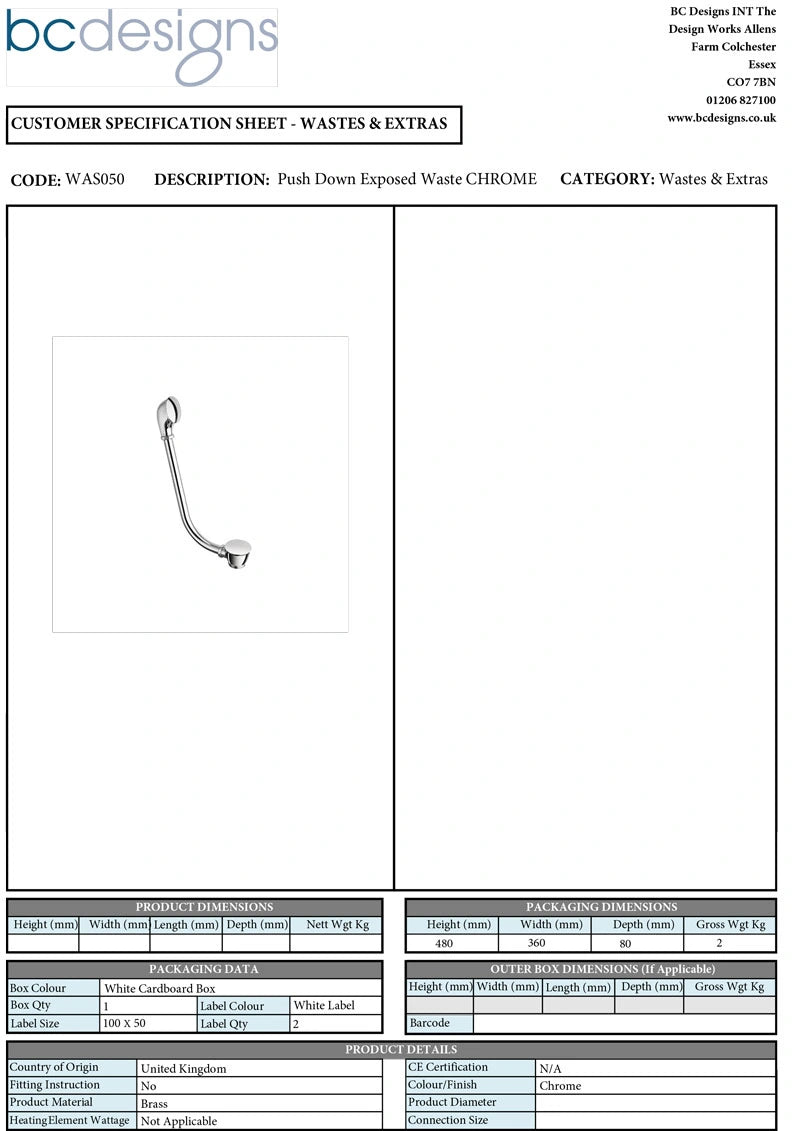 BC Designs Push Down Exposed Extended Bath Waste With Overflow Pipe technical drawing