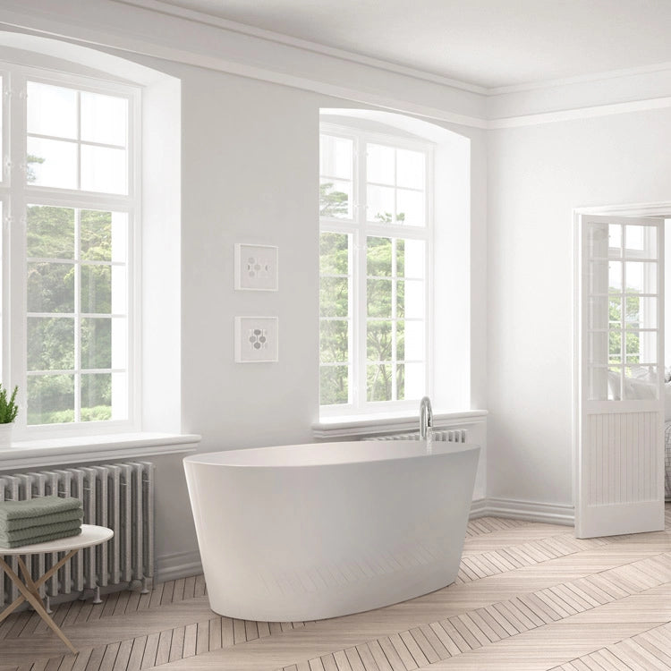 BC Designs Sorpressa Cian Freestanding Bath, Double Ended Bath, 8 ColourKast Finishes 1510mm x 760mm BAB072 BAB073 polished white in luxury bathroom