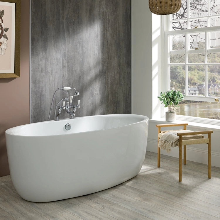 BC Designs Tamorina Acrylic Freestanding Bath, Double Ended Bath, Polished White, 1700x800mm in a bathroom space