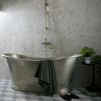 BC Designs Tin Bath Roll Top Boat Bathtub 1500mm x 725mm BAC035 within luxury bathroom with tiled floor