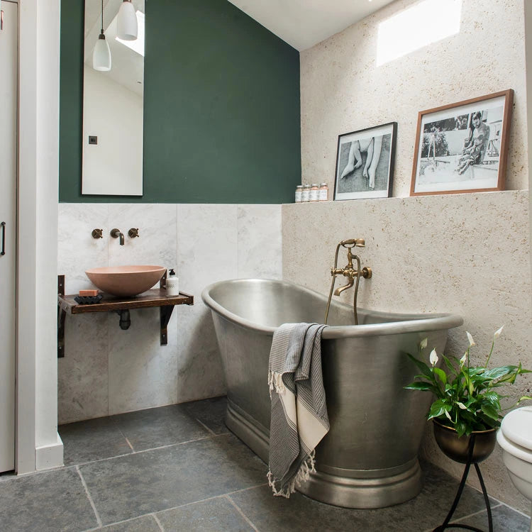 BC Designs Tin Boat Bath Roll Top Bathtub 1700mm x 725mm BAC030 lifestyle image in modern small bathroom