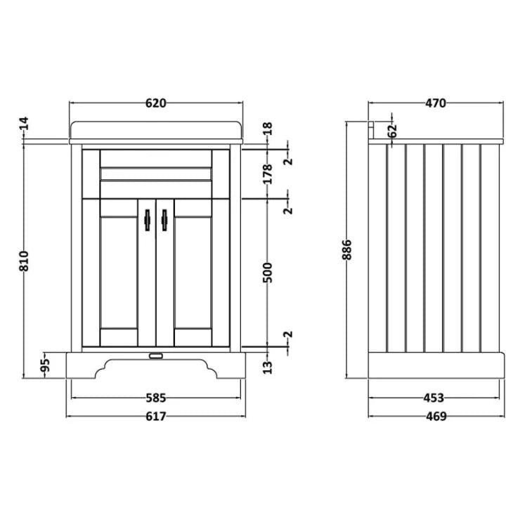 BC Designs Victrion 2-Door Bathroom Vanity Unit & Marble Basin, Earl's Grey - 620mm specification technical drawing data sheet