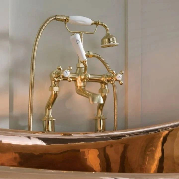 BC Designs Victrion Crosshead Deck-Mounted Bath Shower Mixer Tap, 1/4 Turn Ceramic Discs gold image