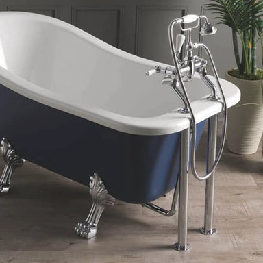BC Designs Victrion Freestanding Legs for Bath Shower Mixer in Polished Chrome CTW905 with bath and mixer tap showing