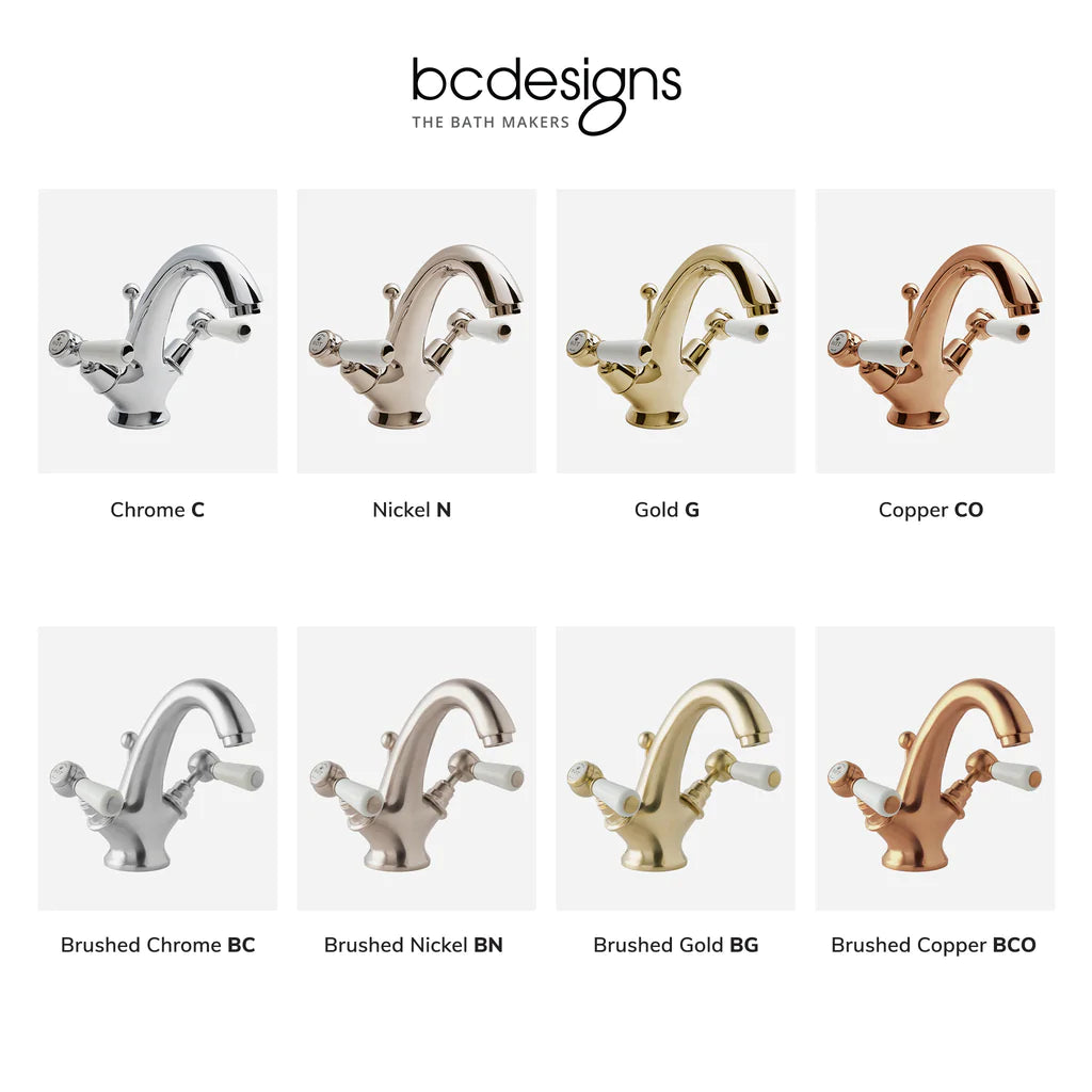 BC Designs Victrion Crosshead 3 Hole Wall Mounted Basin Filler Tap various special finishesBC Designs Victrion Crosshead 3 Hole Wall-Mounted Basin Filler Tap polished and brushed example finishes