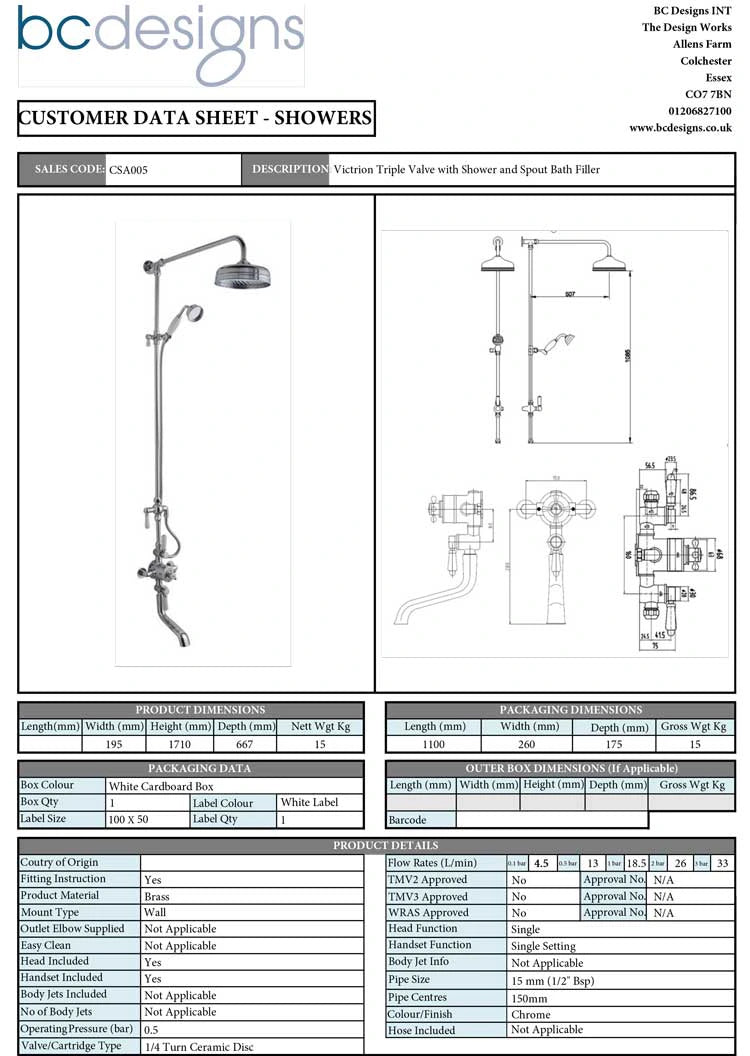 BC Designs Victrion Triple Thermostatic Shower Valve, 8" Shower Head & Bath Spout Filler technical specification