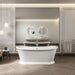 Rosemary freestanding boat bateau bath by Charlotte Edwards in colour gloss white in the middle of a contemporary room