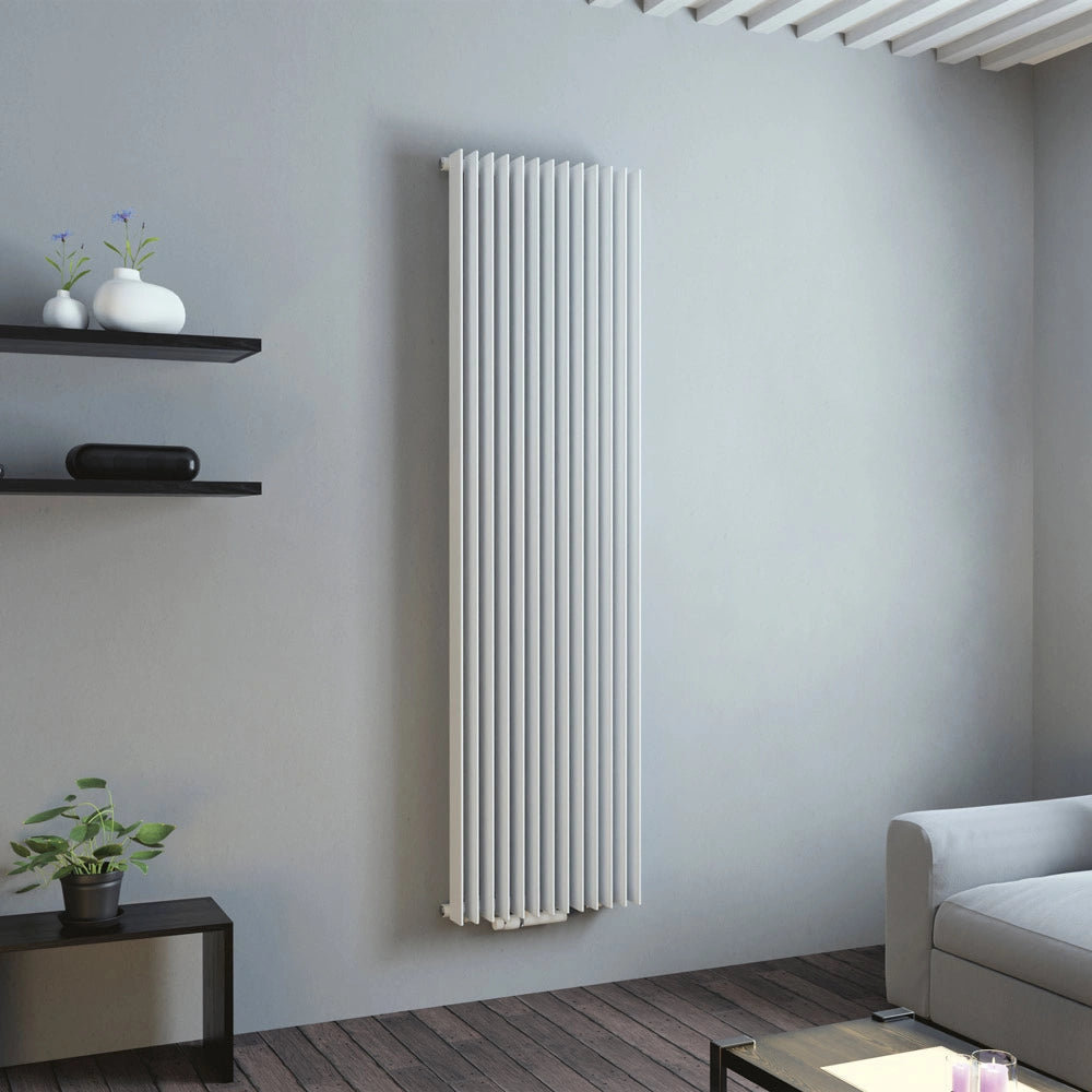 eucotherm white atlas radiator in a living space 1800mm x 500mm vertical tall steel frame