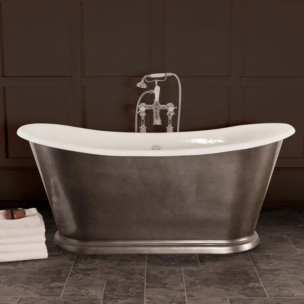 Hurlingham Caravel Bateau Freestanding Cast Iron Roll Top Bath in Metallic Pewter Lustre finish in size length 1675mm for traditional bathroom