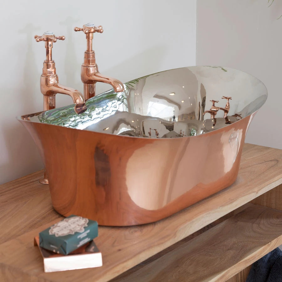 Hurlingham Crosshead Tall Bathroom Basin Pillar Taps copper bathroom image