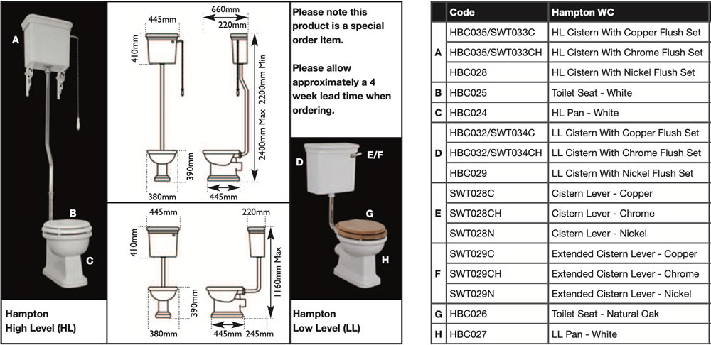 Hurlingham Hampton Low Level WC Traditional Toilet, Cistern & Pan specification and code