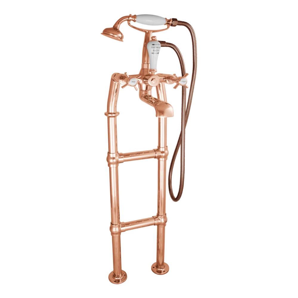 Hurlingham Freestanding Bath Spout & Shower Mixer Tap With Large Tap Stand copper