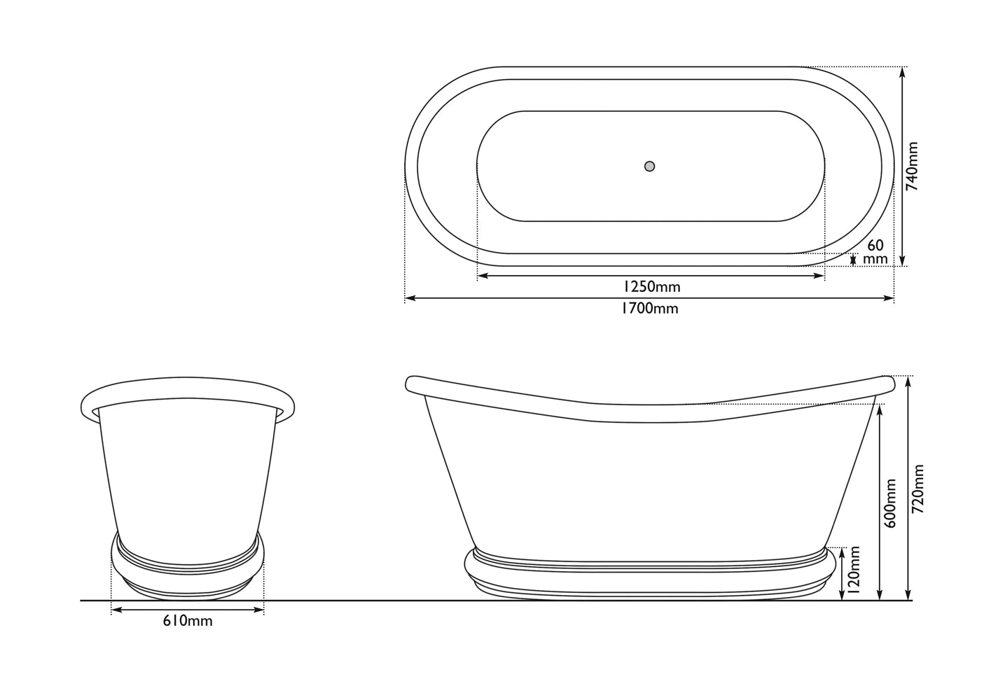 Hurlingham Bulle Copper-Nickel Bath, Freestanding Roll Top Bathtub in length 1700mm for luxury bathroom, dimension drawing specification SS057