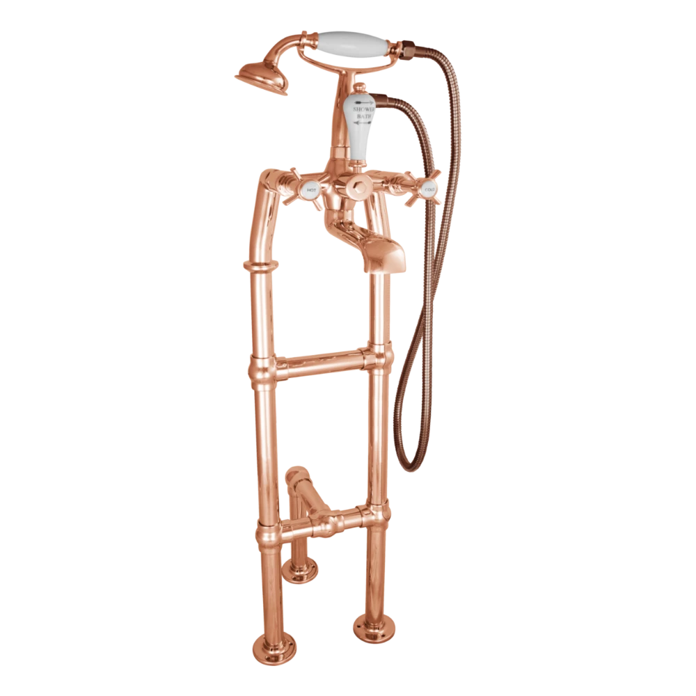 Hurlingham Freestanding Bath Spout & Shower Mixer Tap With Large Tap Stand copper with support legs