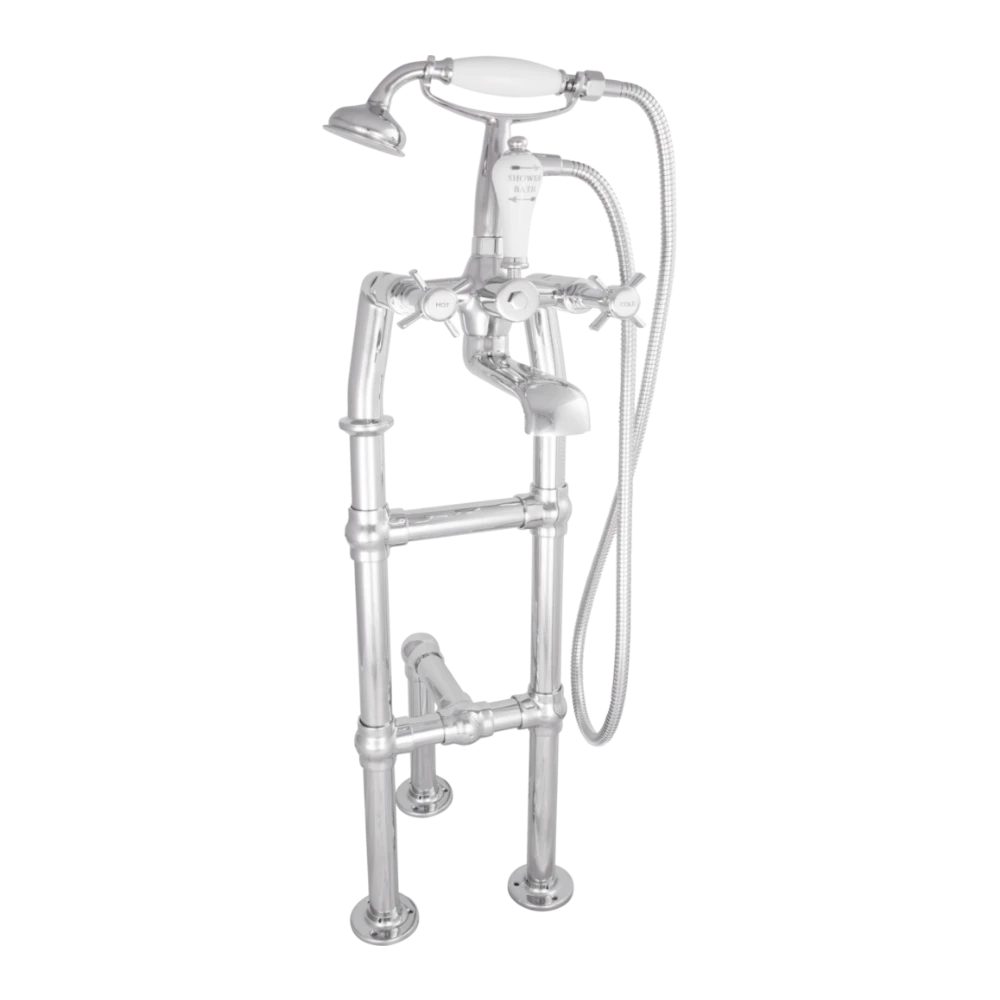 Hurlingham Freestanding Bath Spout & Shower Mixer Taps With Small Tap Stand chrome with support leg